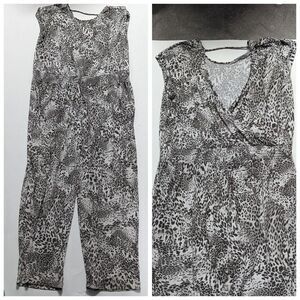 Black and White Animal Print V Neck Slinky Jumpsuit Plus Size 24